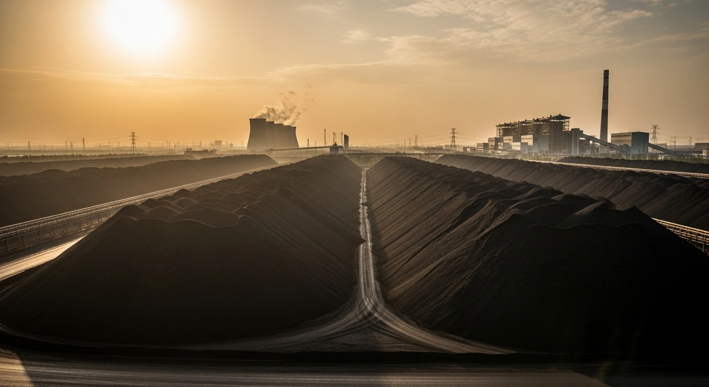 Massive piles of coal are stored at a large power plant in China to ensure energy grid stability during peak summer heatwaves.