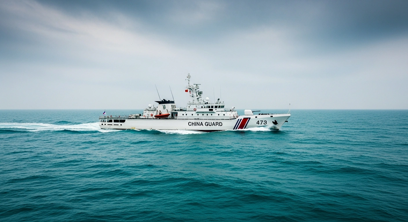 A China Coast Guard vessel patrols the waters of the South China Sea to assert maritime sovereignty.
