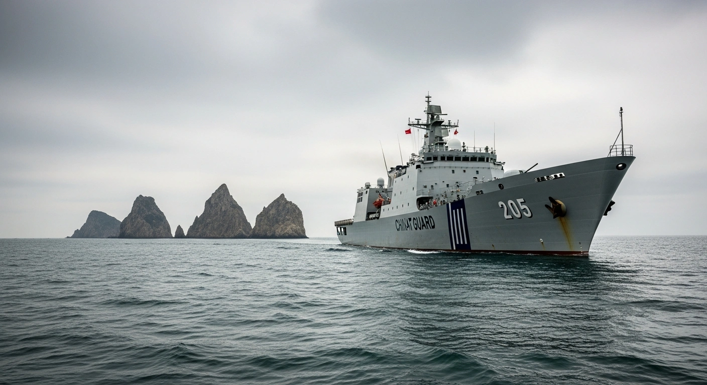 A large, grey China Coast Guard vessel navigates choppy, steel-grey waters near rugged, uninhabited Senkaku Islands under a dramatic, overcast sky, reflecting the sustained presence and dispute in the East China Sea.
