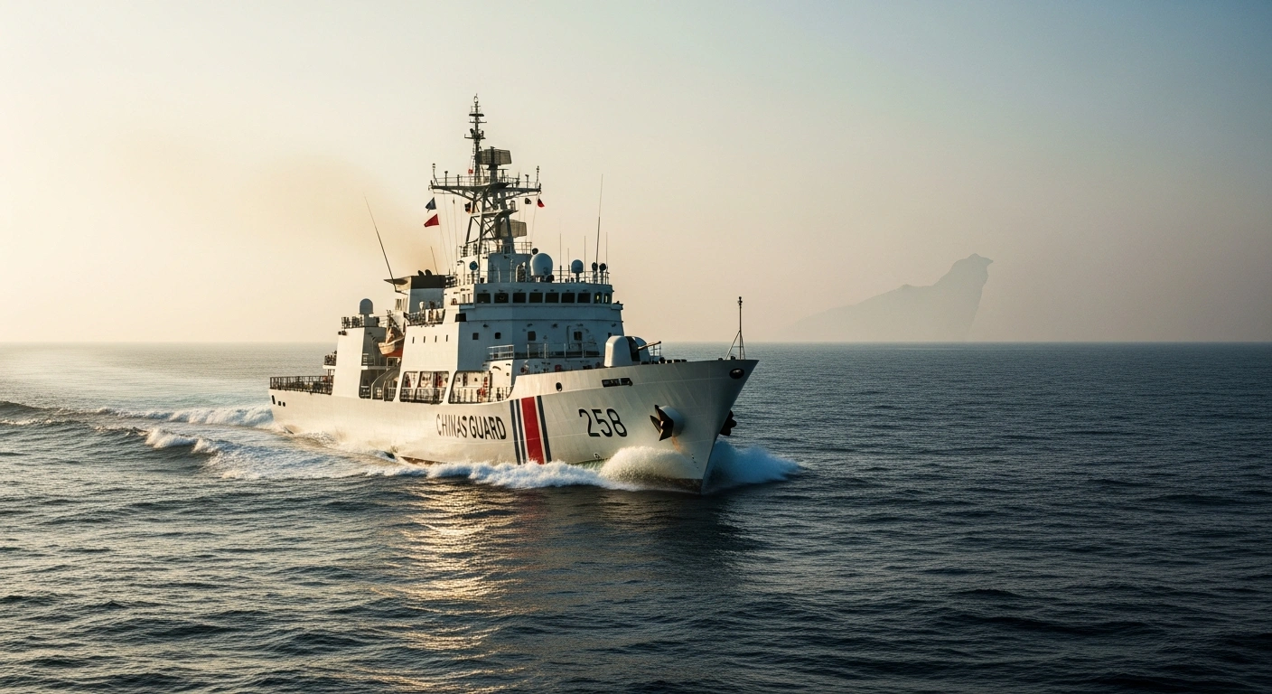 A China Coast Guard vessel patrols the waters east of Taiwan during a maritime security operation.
