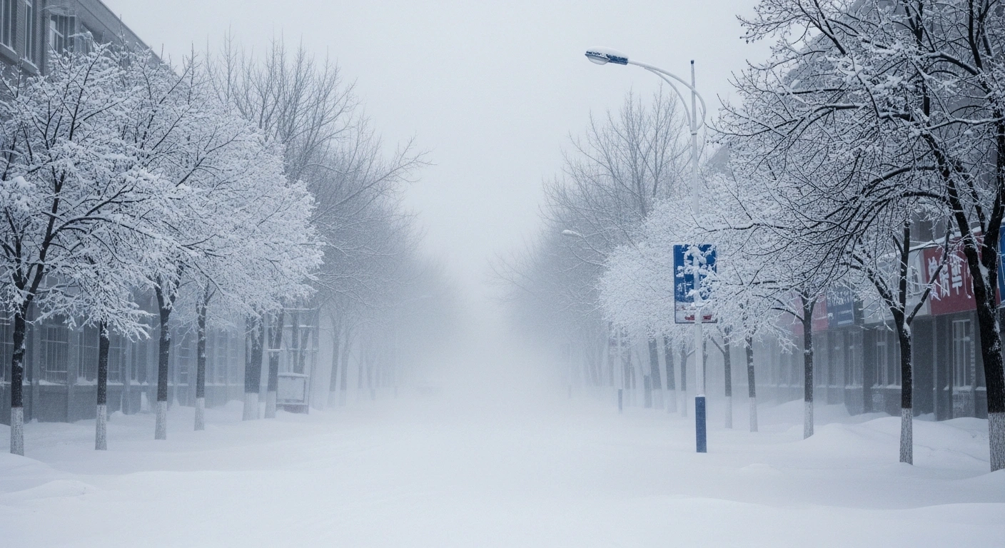 A deserted, snow-covered street in a central Chinese city under a heavy snowfall, with ice clinging to trees and buildings, illustrating the impact of a severe cold front and widespread weather alerts across the region.