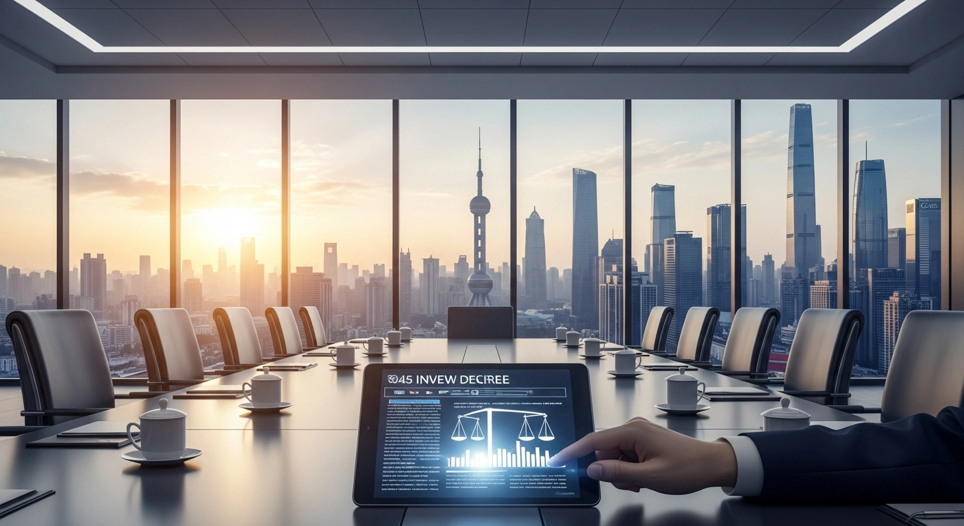 A modern conference room, illuminated by the dawn over a Chinese cityscape, features a hand resting on a digital tablet displaying legal text, symbolizing the new commercial mediation regulation signed by Chinese Premier Li Qiang to streamline dispute resolution and foster an investor-friendly business climate.