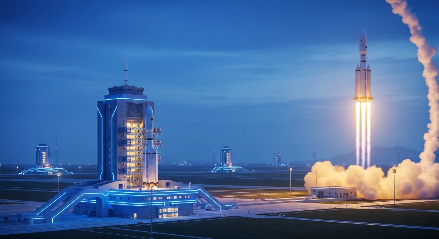 A futuristic Chinese spaceport at twilight features a reusable rocket launching, representing China's commercial space sector's milestone of 50 successful launches in 2025, which constituted 54% of the country's total space missions, highlighting the growth of private enterprises and advanced infrastructure.