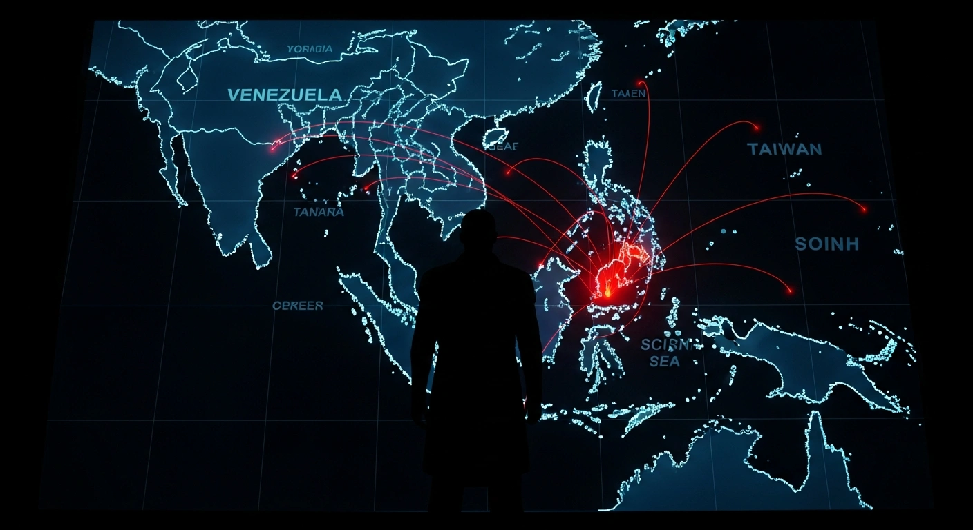 A dramatic, low-angle shot shows a silhouetted figure, symbolizing China, standing before a dimly lit holographic map that subtly highlights Venezuela and more intensely glows over Taiwan and the South China Sea, representing China's condemnation of the US military operation in Venezuela and its strategic implications.