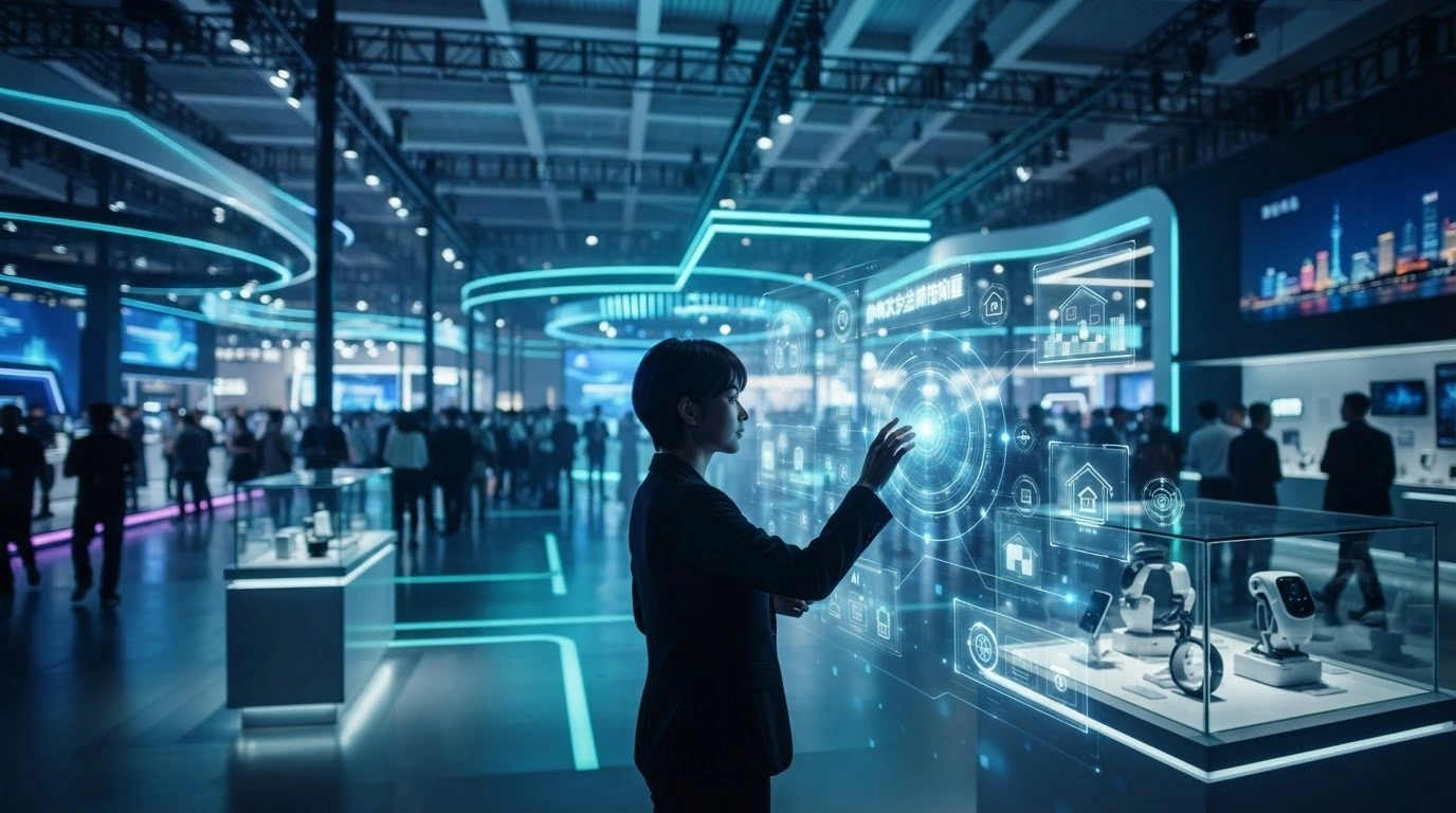 A futuristic exhibition hall in Qingdao showcases advanced artificial intelligence and smart home technology at the 2026 China International Consumer Electronics Exposition.