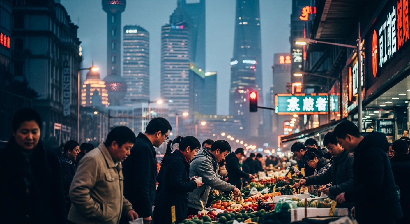 A bustling street market in China captures the atmosphere of consumer spending and economic activity during the mid-year period.