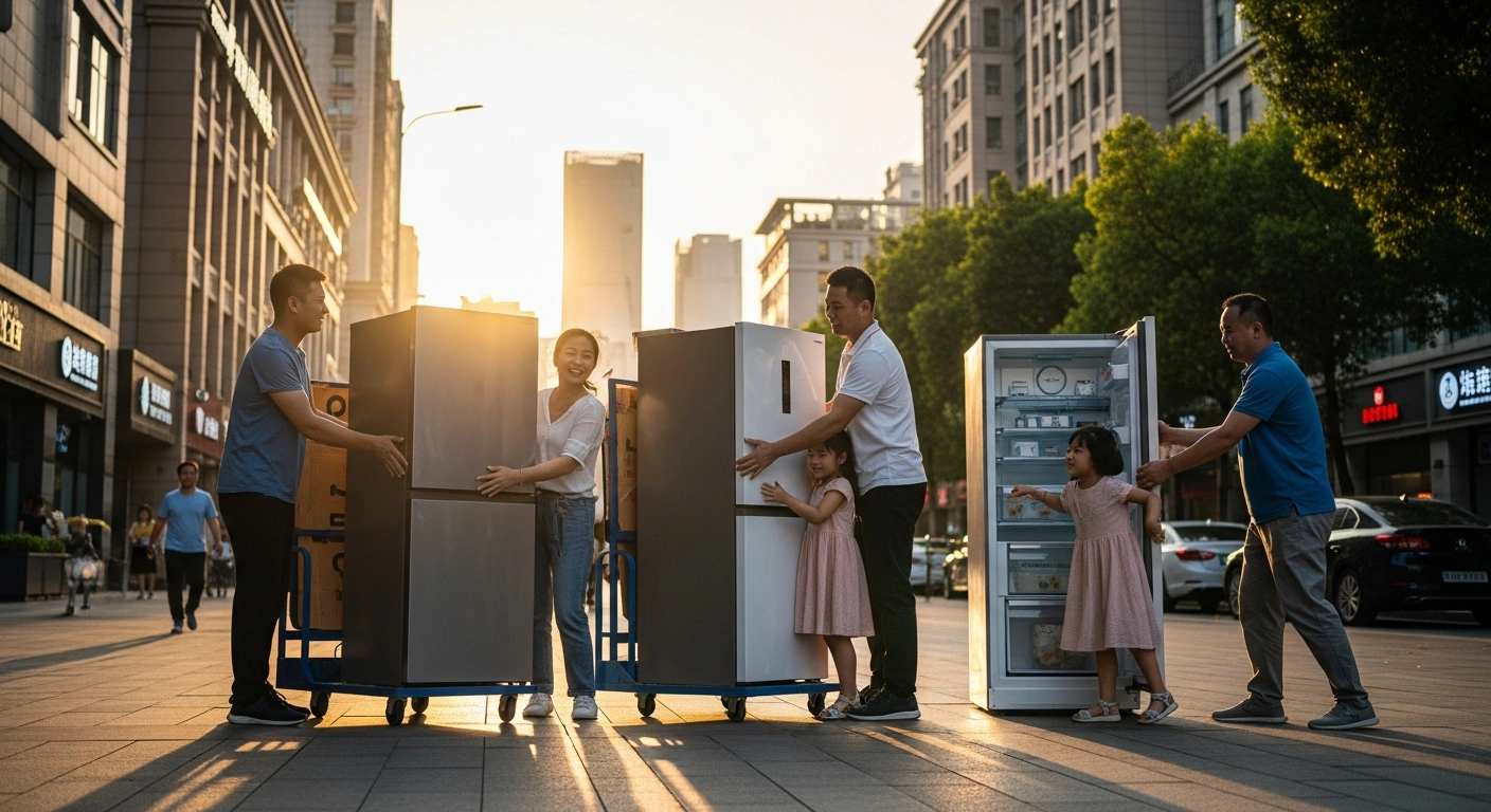 A family in a modern Chinese city unloads a new smart refrigerator from a delivery cart, symbolizing China's consumer goods trade-in program and subsidies aimed at replacing old appliances and vehicles to stimulate domestic consumption and boost economic growth.