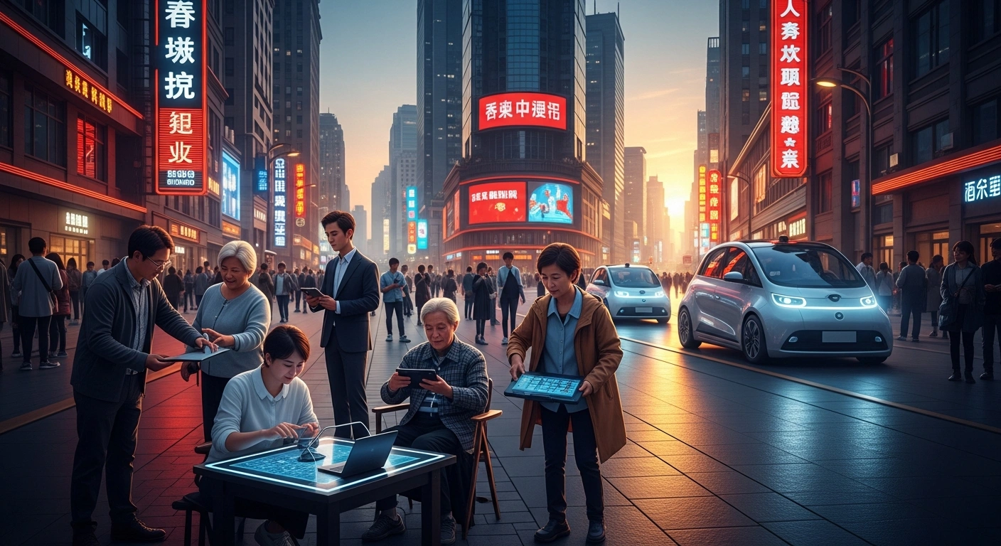 A futuristic Chinese city street at twilight, showcasing autonomous smart vehicles, people interacting with advanced consumer electronics, and innovative eldercare devices, symbolizing China's plan to boost domestic consumption and economic growth in key sectors.