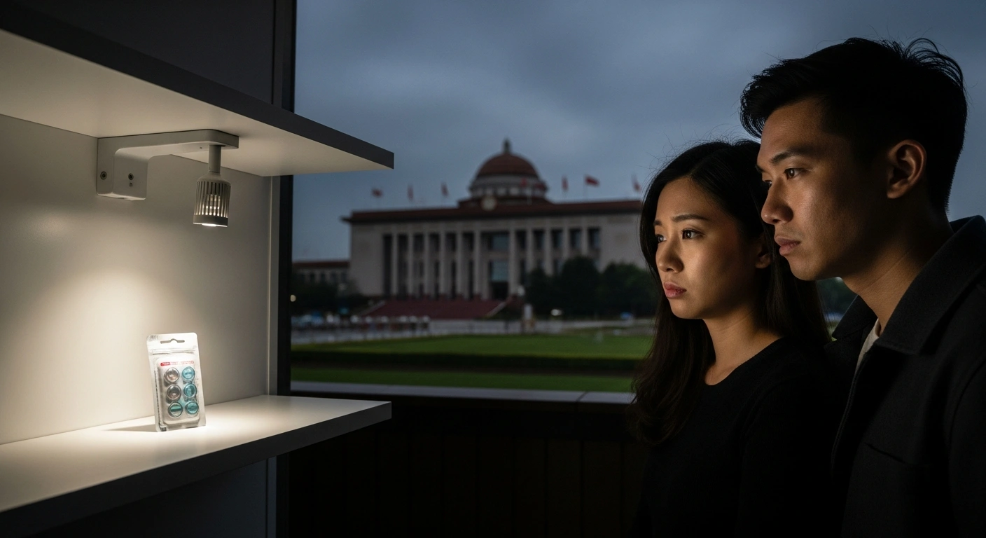 A young couple stands in a sterile setting, looking with concern at a single package of contraceptives on a display shelf, with a large, imposing government building visible in the background under an overcast sky, symbolizing China's new 13% sales tax on contraceptives to address falling birth rates and demographic challenges.
