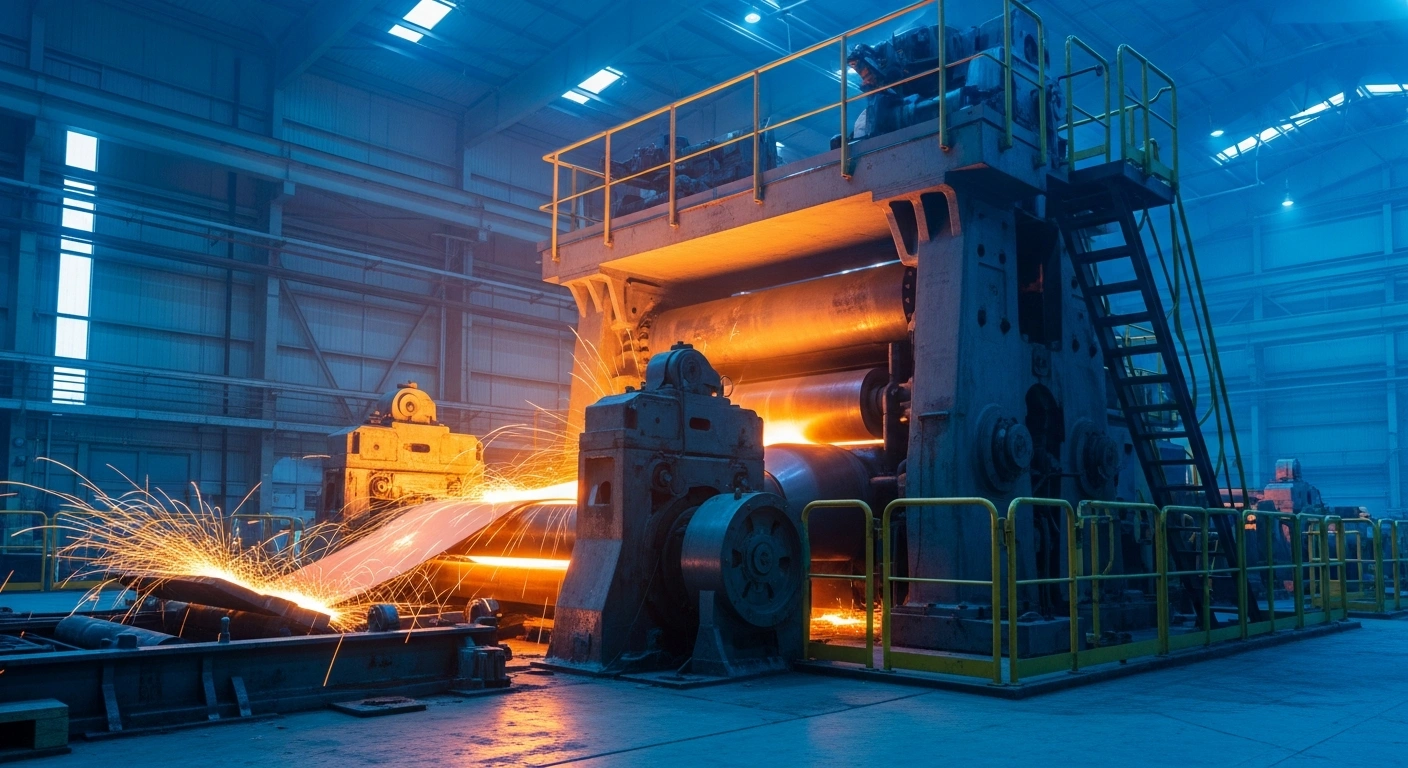 A massive domestically designed copper rolling mill processes a glowing sheet of metal inside a high-tech industrial facility in China.