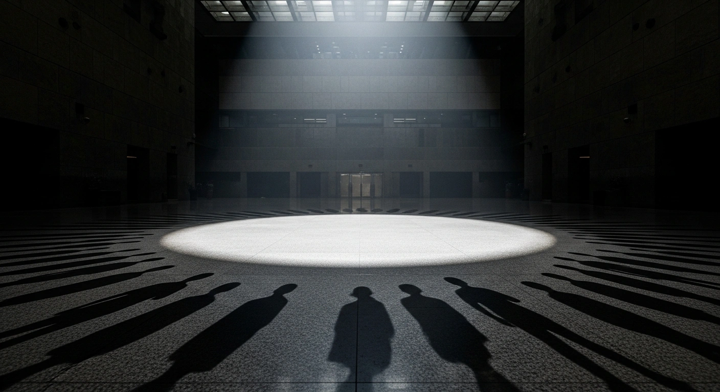 A dramatic, low-angle photograph inside a modern, austere government building, where a powerful spotlight illuminates a polished floor, casting long shadows of numerous figures, symbolizing China's rigorous anti-corruption campaign targeting both high-ranking 'tigers' and lower-level 'flies' across sectors like finance and state-owned enterprises.