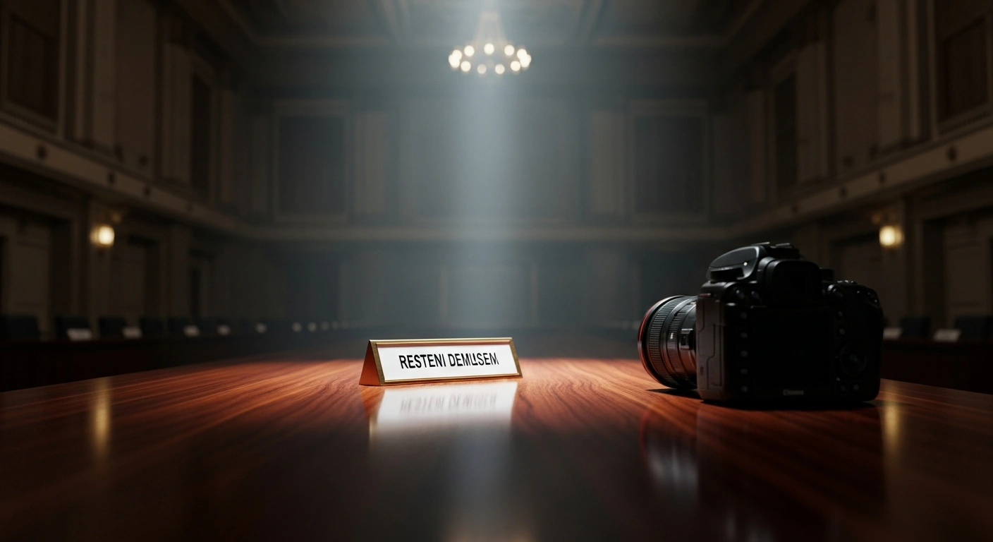 A dimly lit, grand hall with a long mahogany table and a face-down nameplate, symbolizing the recent dismissals by China's National People's Congress Standing Committee amidst an anti-corruption campaign.