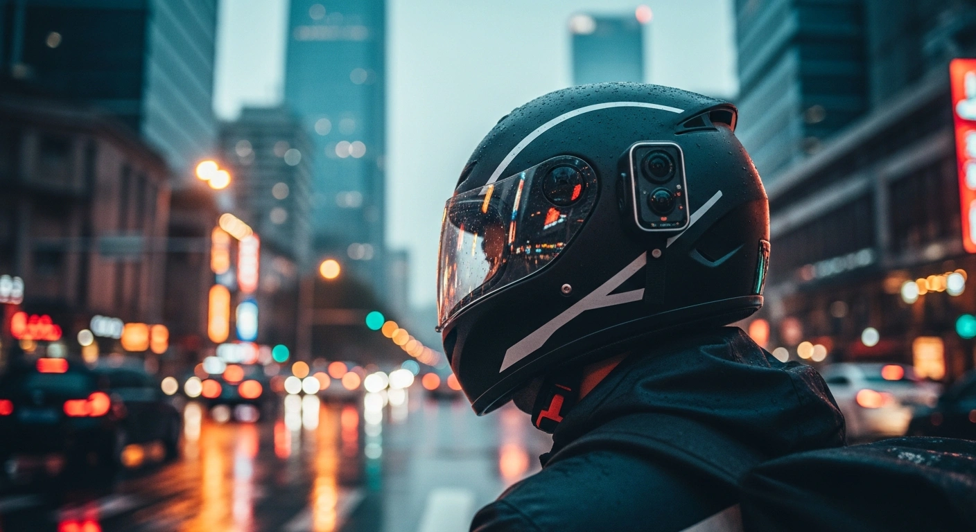 A delivery courier in a Chinese city wears a safety-focused camera on their helmet to monitor road conditions and traffic compliance.