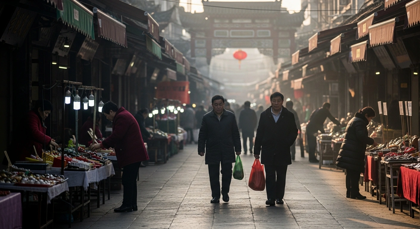A traditional Chinese market street scene at dawn, with vendors and early shoppers amidst subtle holiday decorations, visually representing China's gradual economic recovery, including a 0.2 percent CPI rise and a narrowing 1.4 percent PPI decline, influenced by domestic demand and holiday timing.