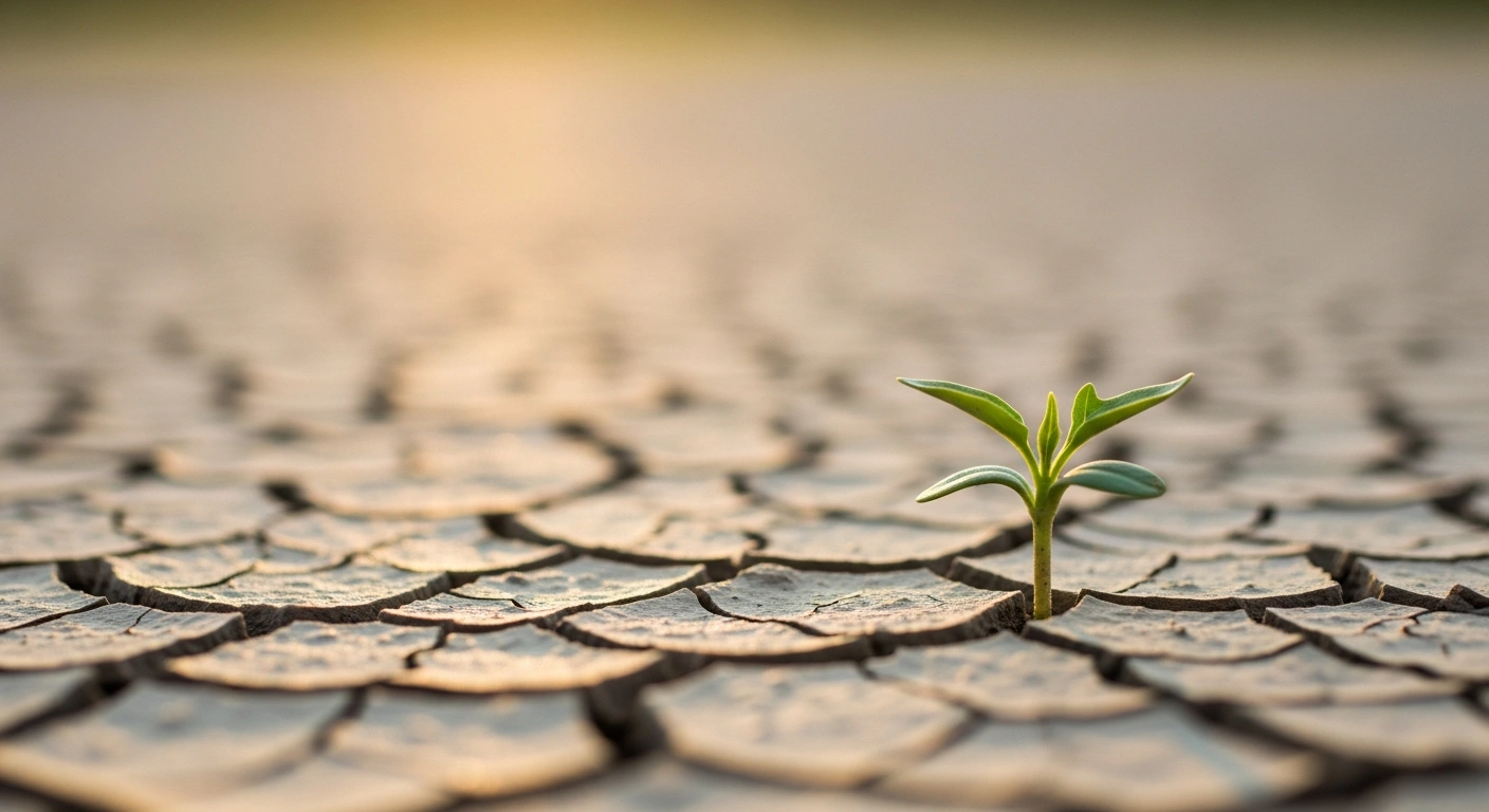 A vibrant green plant shoot emerges from cracked, dry earth under a soft golden light, symbolizing China's unexpected 0.2% CPI rise in October 2025 and the easing of deflationary pressures despite continued factory-gate price declines.