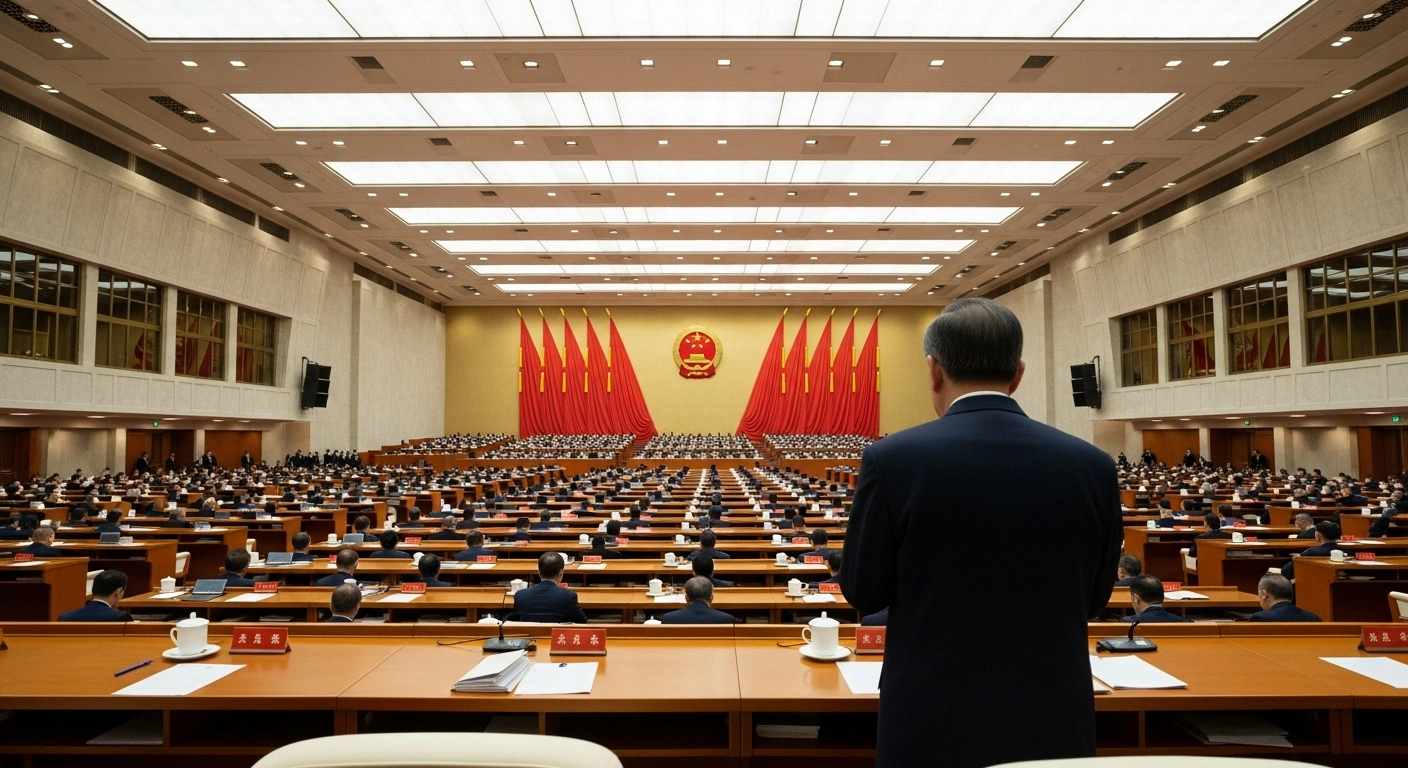 A grand, modern assembly hall in Beijing, illuminated by soft, diffused light, features a distinguished figure on a dais addressing attentive delegates, depicting the solemn conclusion of the 15th standing committee session of China's CPPCC and discussions surrounding the 15th Five-Year Plan.