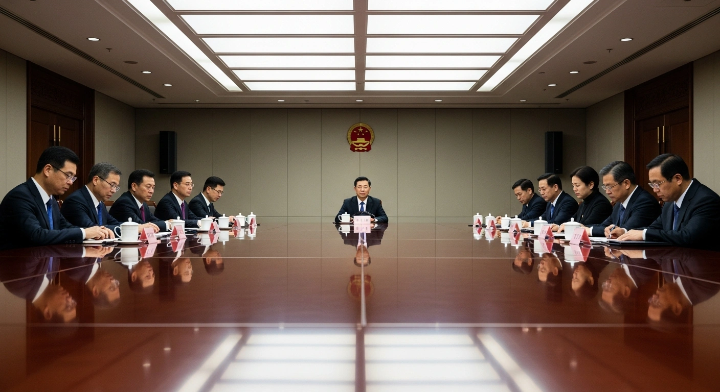 A wide, elevated shot of a grand conference hall in Beijing where the 14th CPPCC National Committee's 45th Chairperson's Council meeting is being held, with Wang Huning presiding over serious-faced officials discussing economic and Party conduct guidelines.