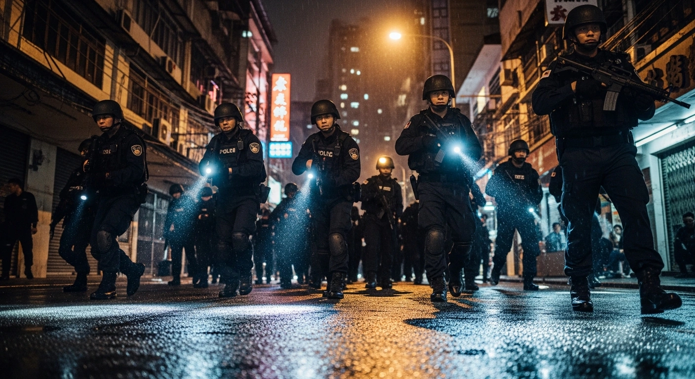 International law enforcement officers conduct a nighttime raid on a building in a rain-slicked Southeast Asian city, targeting cross-border telecom fraud and online gambling criminal networks.