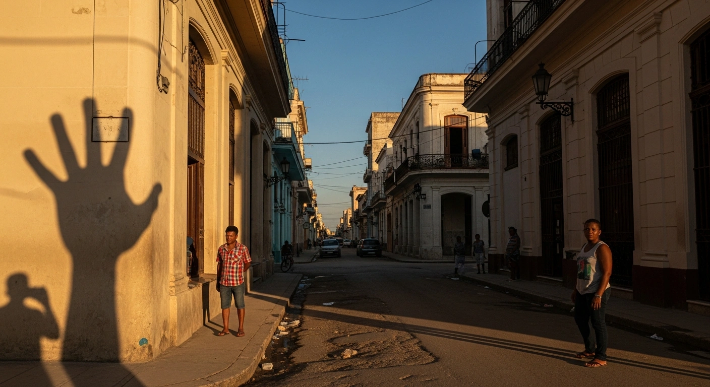 A wide-angle, sun-drenched street scene in Old Havana, Cuba, depicts historic buildings and stoic local residents, with a symbolic hand casting a shadow, representing China's Foreign Ministry condemning US sanctions on Cuba and emphasizing their impact on the Cuban people.