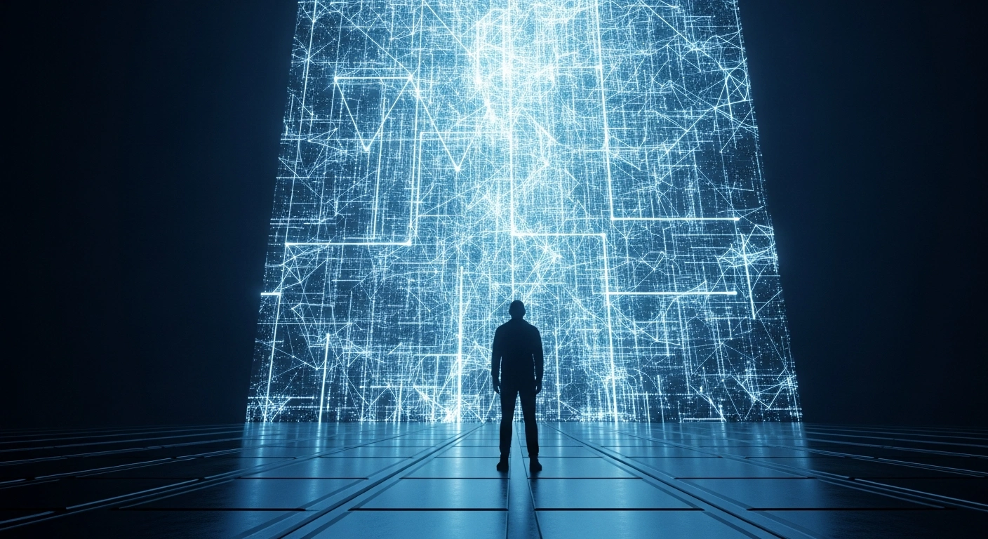 A solitary figure stands before a towering digital wall of glowing blue lines, symbolizing China's strengthened cybercrime laws, including new exit bans and increased fines for cybersecurity violations.