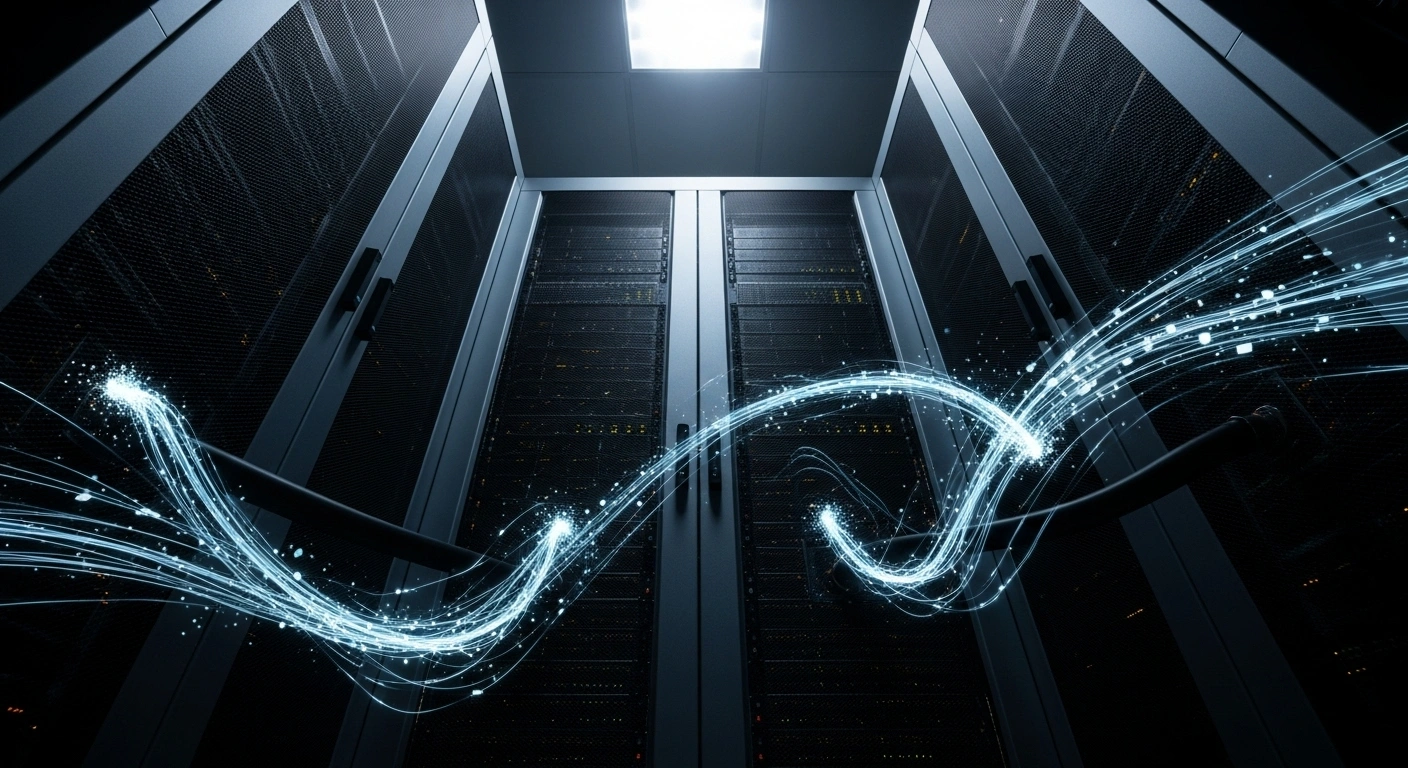 A colossal, monolithic server rack stands under a single, piercing light, with ethereal glowing data streams flowing around it, some being abruptly truncated or rerouted into dark conduits, representing China's Cyberspace Administration's actions to curb harmful online content from platforms like ByteDance and Alibaba.