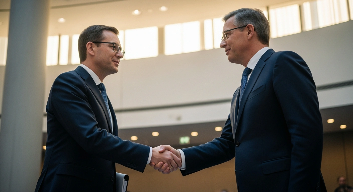 Chinese Foreign Minister Wang Yi and Czech Deputy Prime Minister and Foreign Minister Petr Macinka are shaking hands in a well-lit, modern conference hall, representing their meeting to improve bilateral relations and commemorate their strategic partnership.