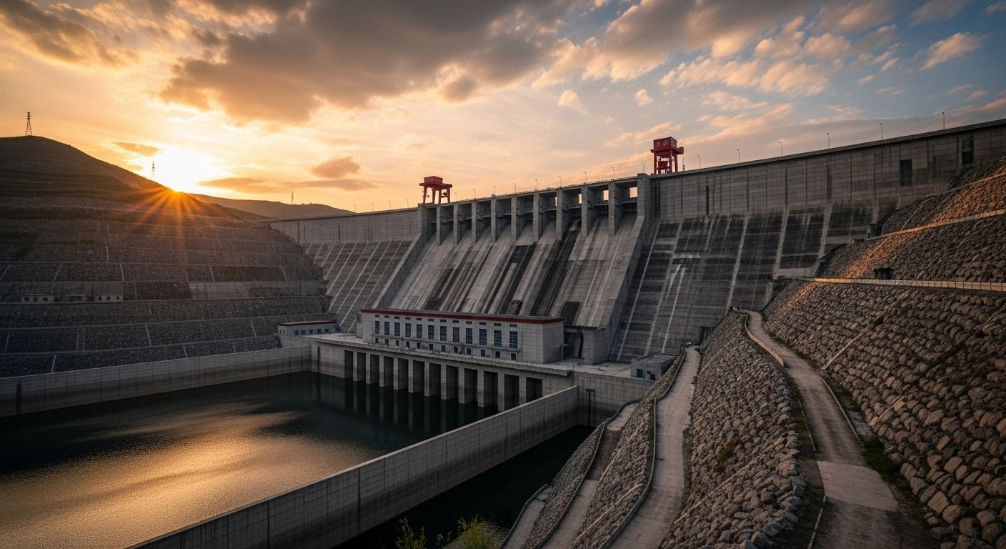China's record-breaking Dashixia Water Control Project, the world's tallest AI-built 247-meter concrete-faced rockfill dam, is shown at sunset with newly stored water reflecting the sky in Xinjiang's Aksu prefecture, highlighting its capabilities for flood control, irrigation, and electricity generation.