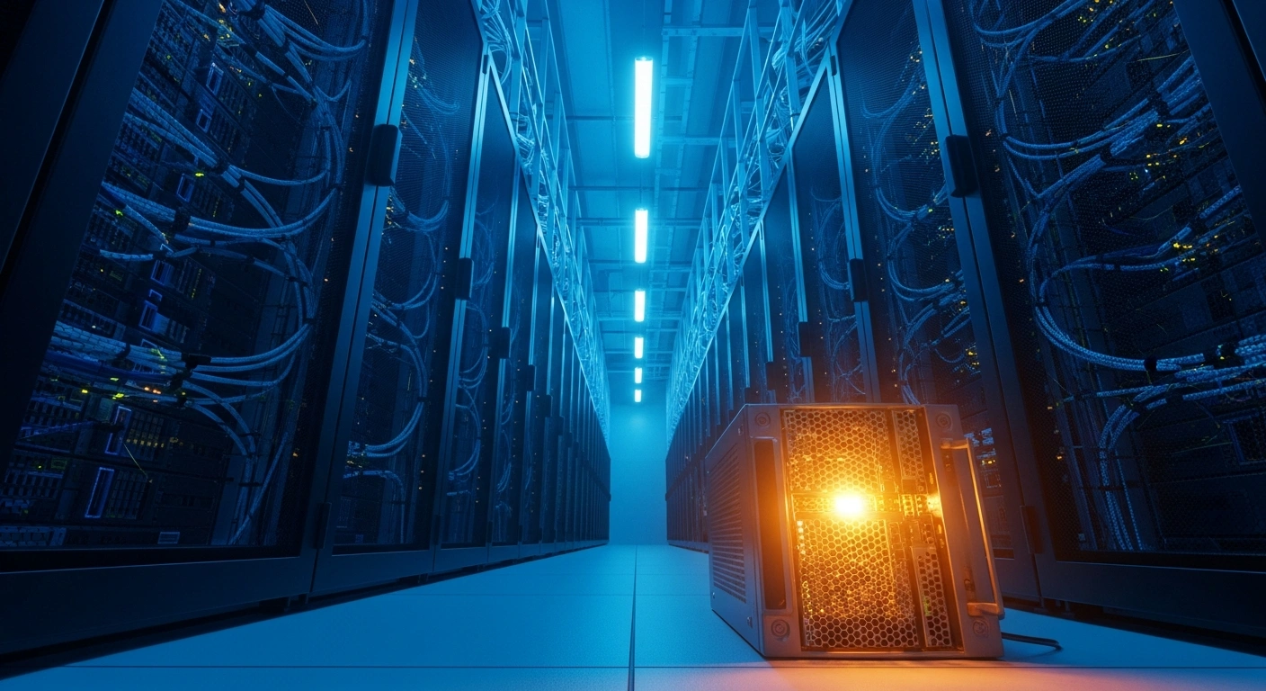 A vast, futuristic data center interior, illuminated by cool blue light from towering server racks, features a central, robust server unit glowing intensely with warm amber light, representing the energy consumption and strategic importance of domestic chips in China's technological self-reliance.