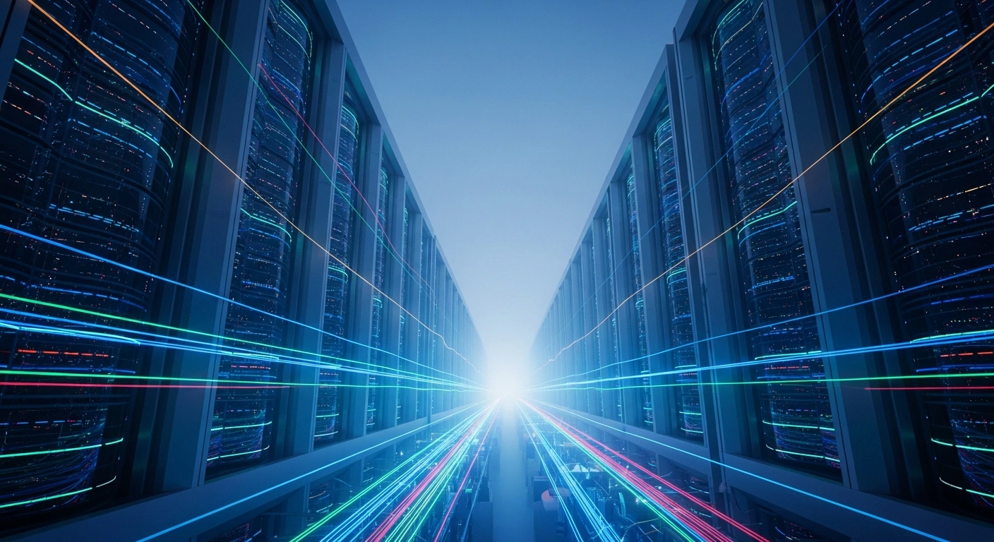 A vast network of futuristic data centers glows with blue light in a modern industrial landscape representing China's investment in artificial intelligence infrastructure.