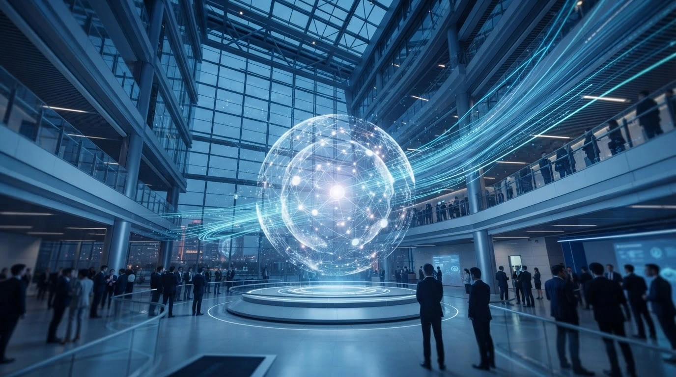 A modern, high-tech facility in Beijing represents the inauguration of the China Data Group, which focuses on national data infrastructure and artificial intelligence development.