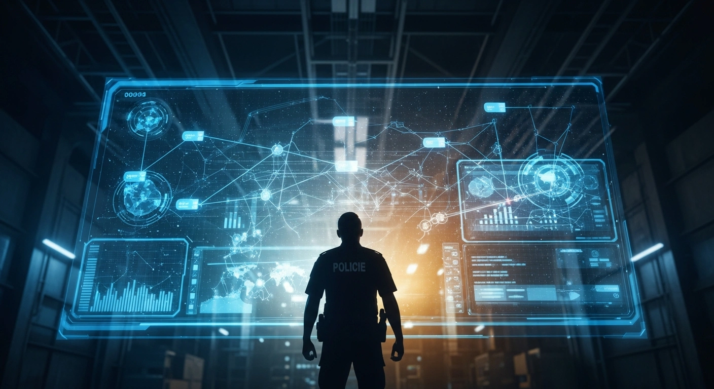 A Chinese law enforcement officer monitors a digital interface during a nationwide campaign to stop the illegal collection and misuse of personal data.