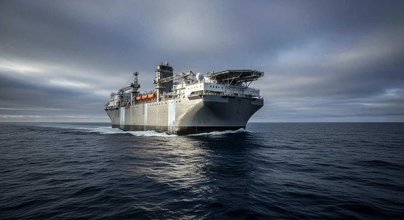 A massive, dark grey semi-submersible research platform, designed to withstand nuclear blasts, is depicted cutting through a turbulent, dark blue ocean under a sky filled with heavy, brooding clouds, hinting at its advanced capabilities and potential dual-use military applications.