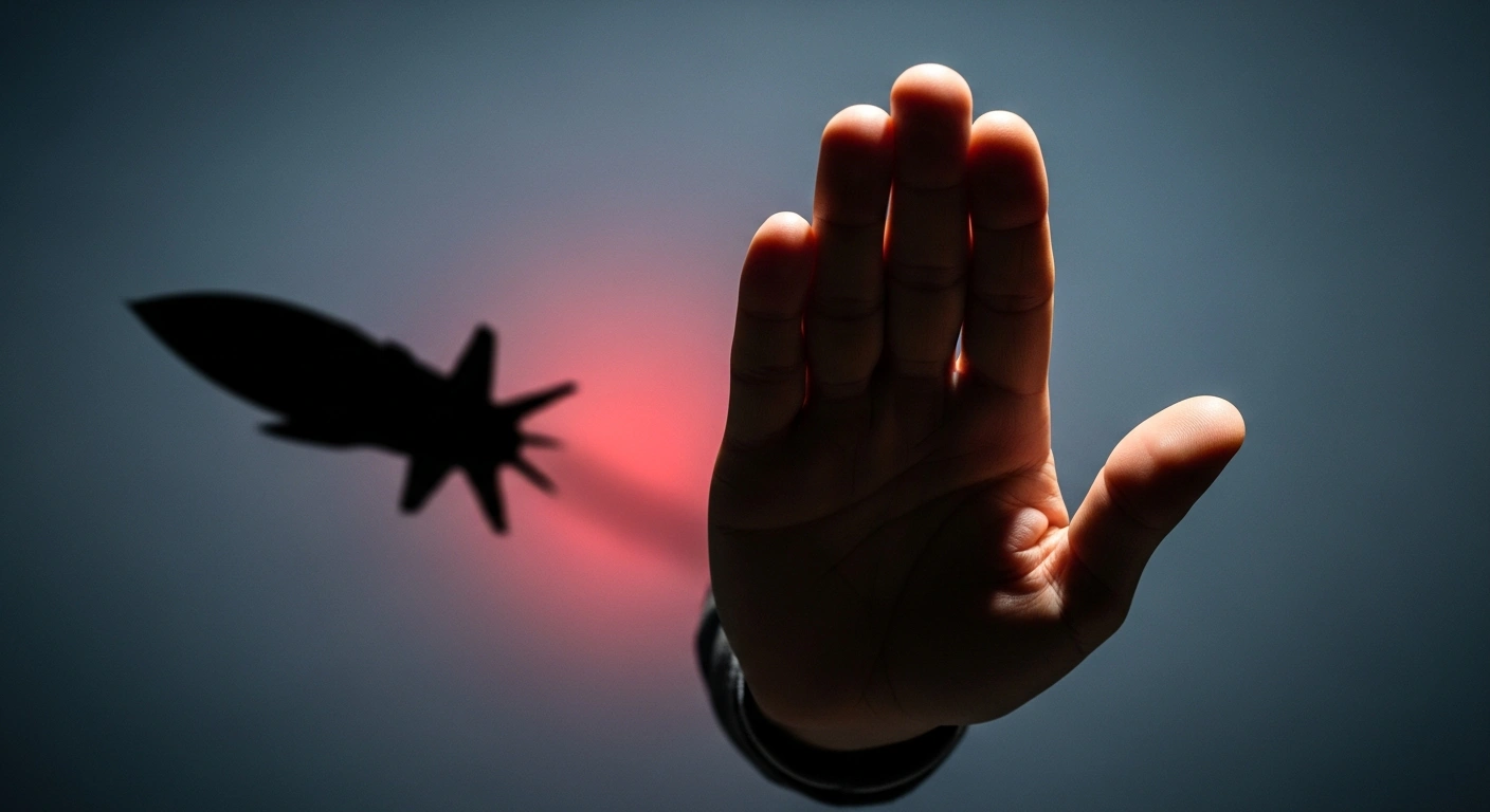 A sharply lit hand pushes away a blurred, shadowy silhouette of a supersonic missile, symbolizing China's denial of selling CM-302 missiles to Iran amidst escalating Middle East tensions.