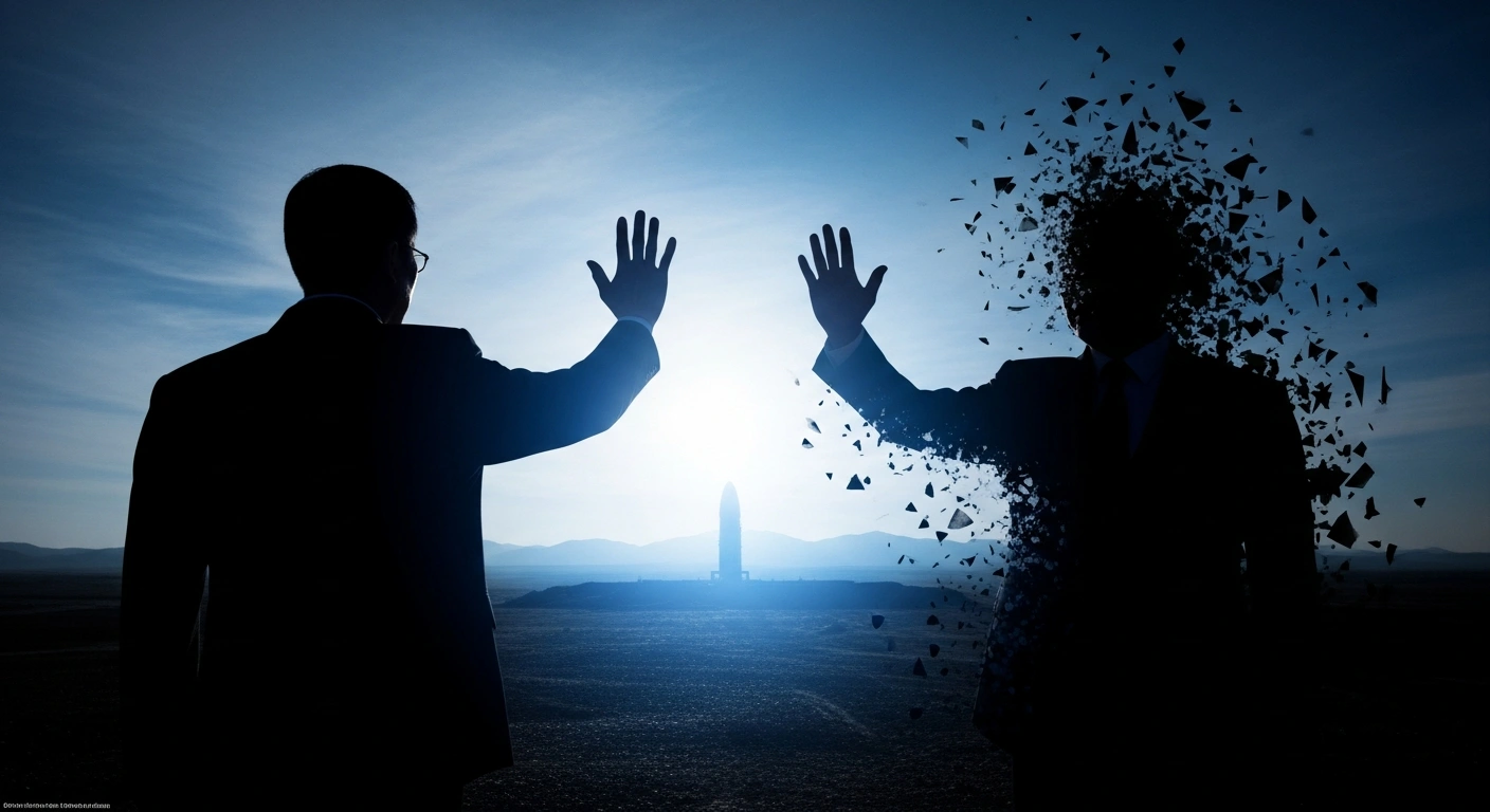A powerful, silhouetted figure, illuminated by cool light, raises a hand in a dismissive gesture, confronting a dark, fragmented shadow that looms opposite, set against a subtly glowing, desolate landscape, illustrating China's denial of US allegations regarding secret nuclear explosive tests and the broader geopolitical context of the New START treaty.