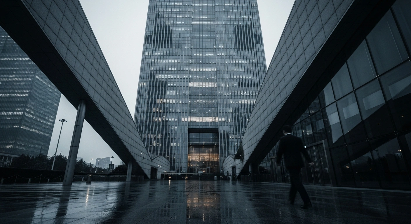 A dark, moody exterior view of the China Development Bank building during a rainy evening as part of an anti-corruption investigation into former president Ouyang Weimin.