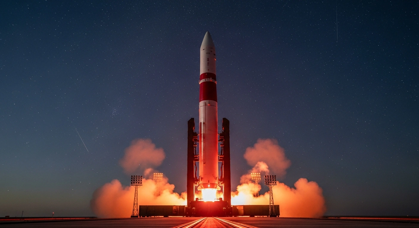 A Chinese DF-27 intercontinental anti-ship ballistic missile is shown at a low angle during a pre-dawn launch sequence, highlighting its significant range and conventional strike capabilities as detailed in the Pentagon's 2025 China Military Power Report.