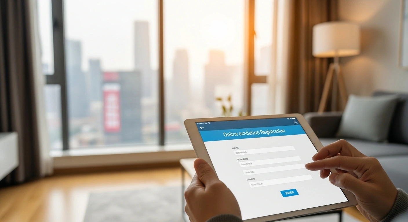 A traveler uses a tablet to digitally register their accommodation in a modern apartment in China.
