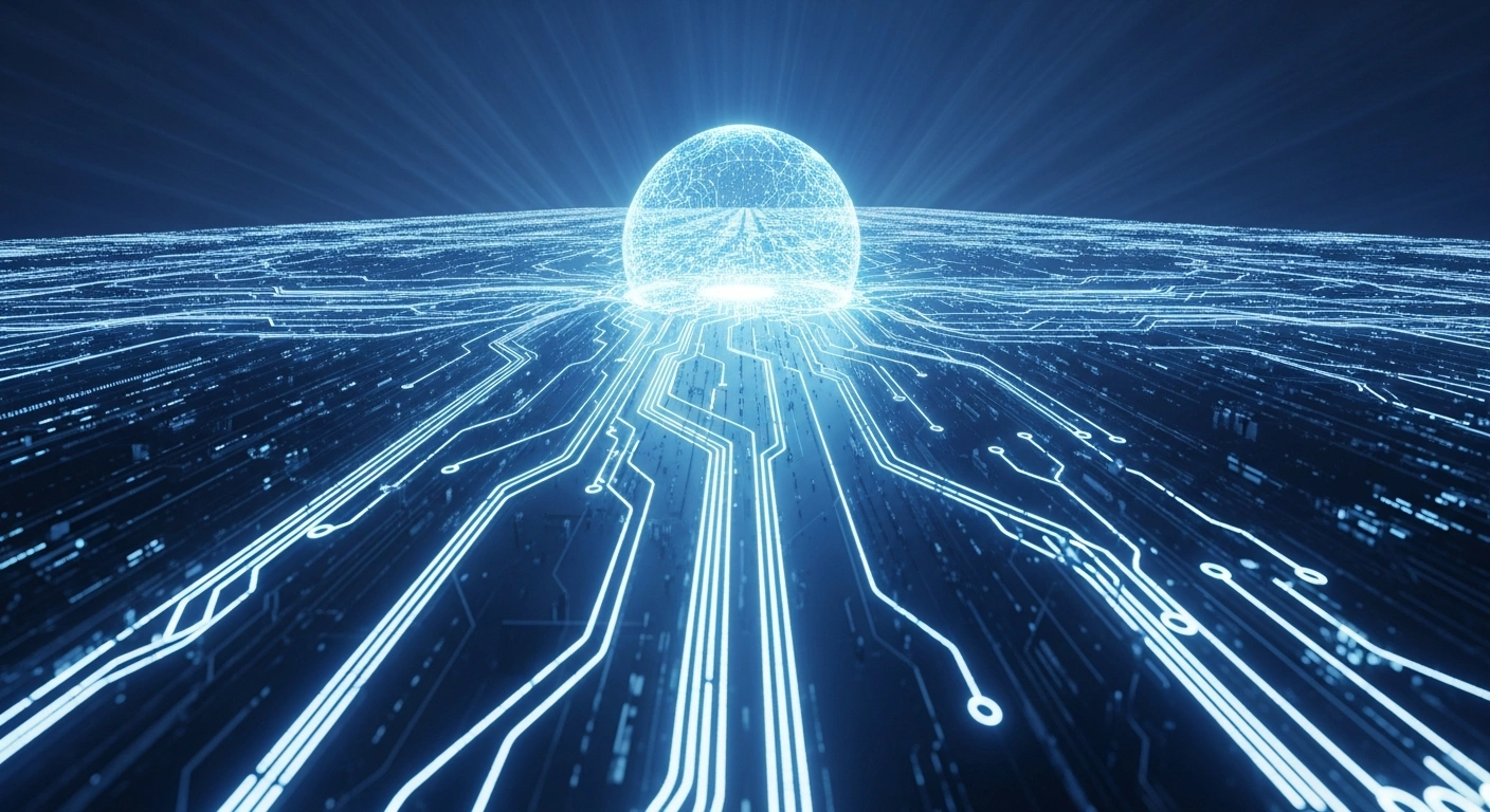A futuristic digital network with a central, pulsating blue orb symbolizing the e-CNY, surrounded by interconnected glowing circuits representing China's new five-year digital finance strategy and its goal to establish an adaptive financial system by 2027.