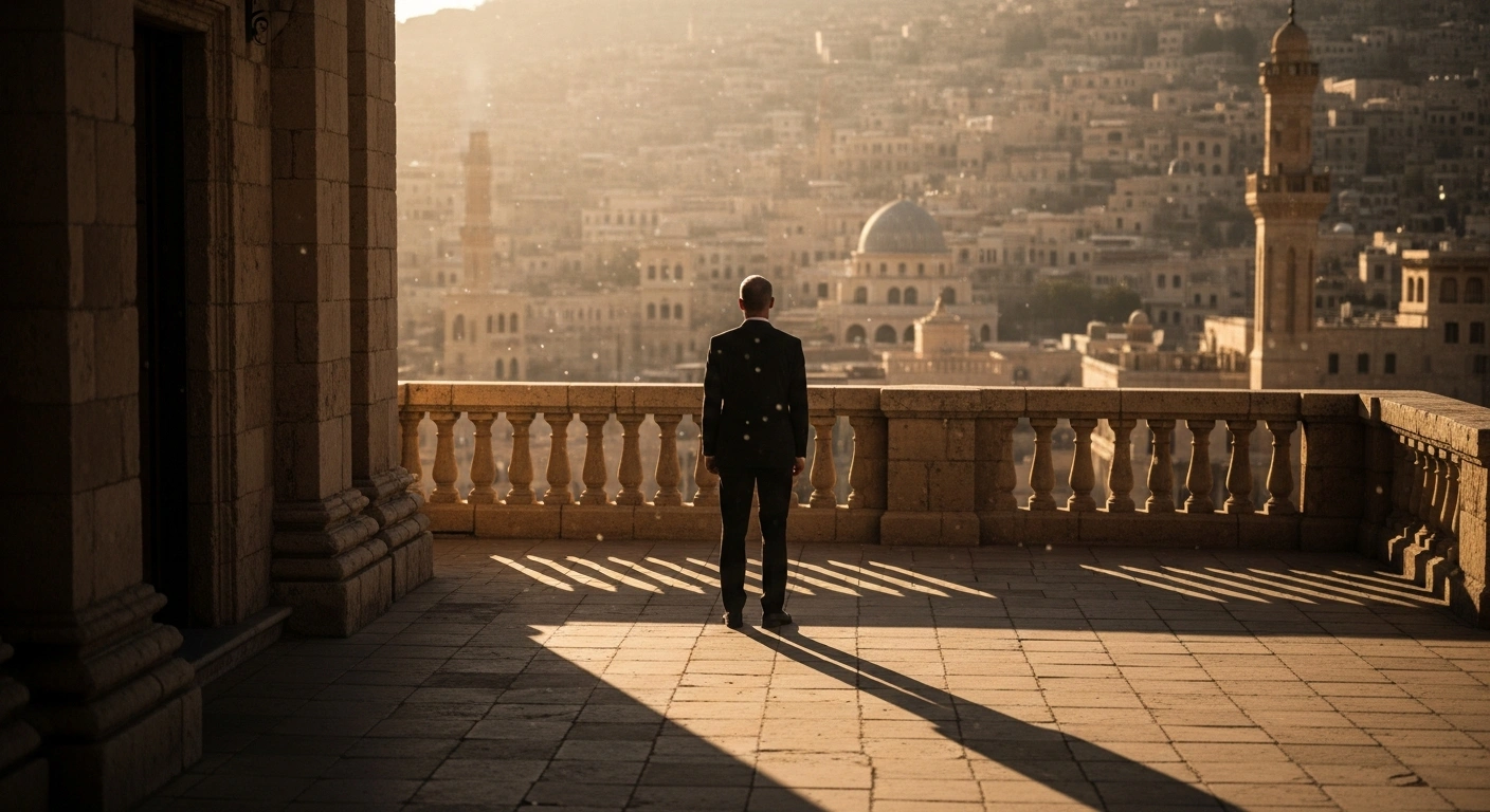 A Chinese diplomatic envoy stands on a balcony overlooking a Middle Eastern city during a mission to promote regional peace and de-escalation.