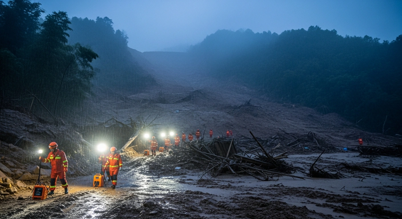 Rescue workers in high-visibility gear navigate a landslide-affected area in China as part of a government-funded disaster relief operation.