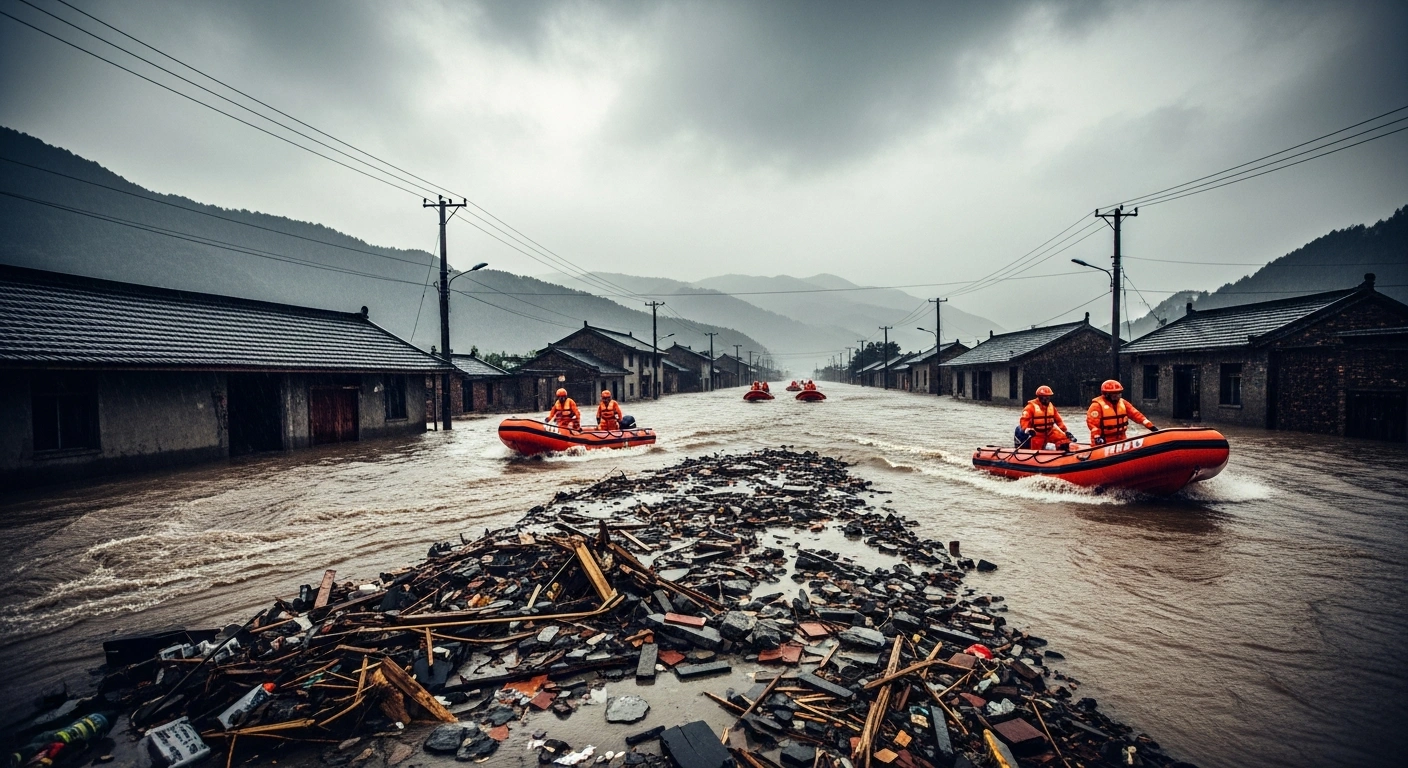 Emergency rescue workers in orange uniforms navigate a flooded village in China following severe weather events and landslides.
