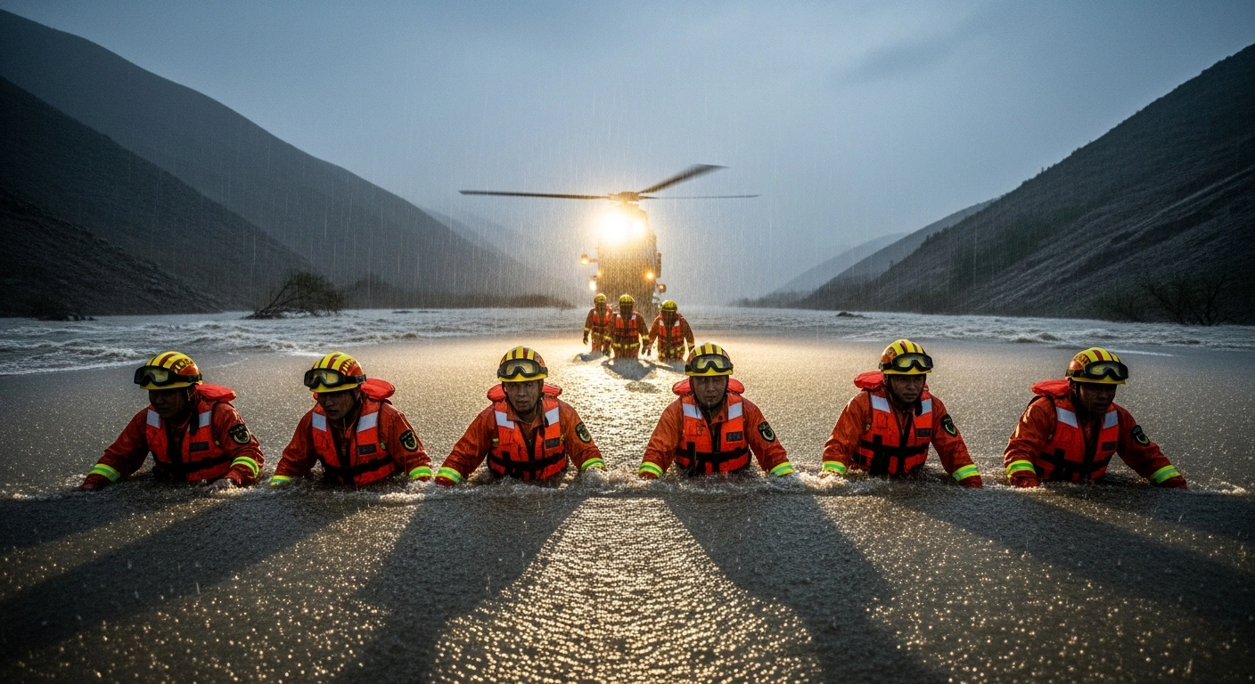 A team of Chinese emergency responders in bright orange and yellow gear battles torrential rain and rising floodwaters in a rugged northern Chinese landscape, illuminated by powerful searchlights during a disaster rescue operation.