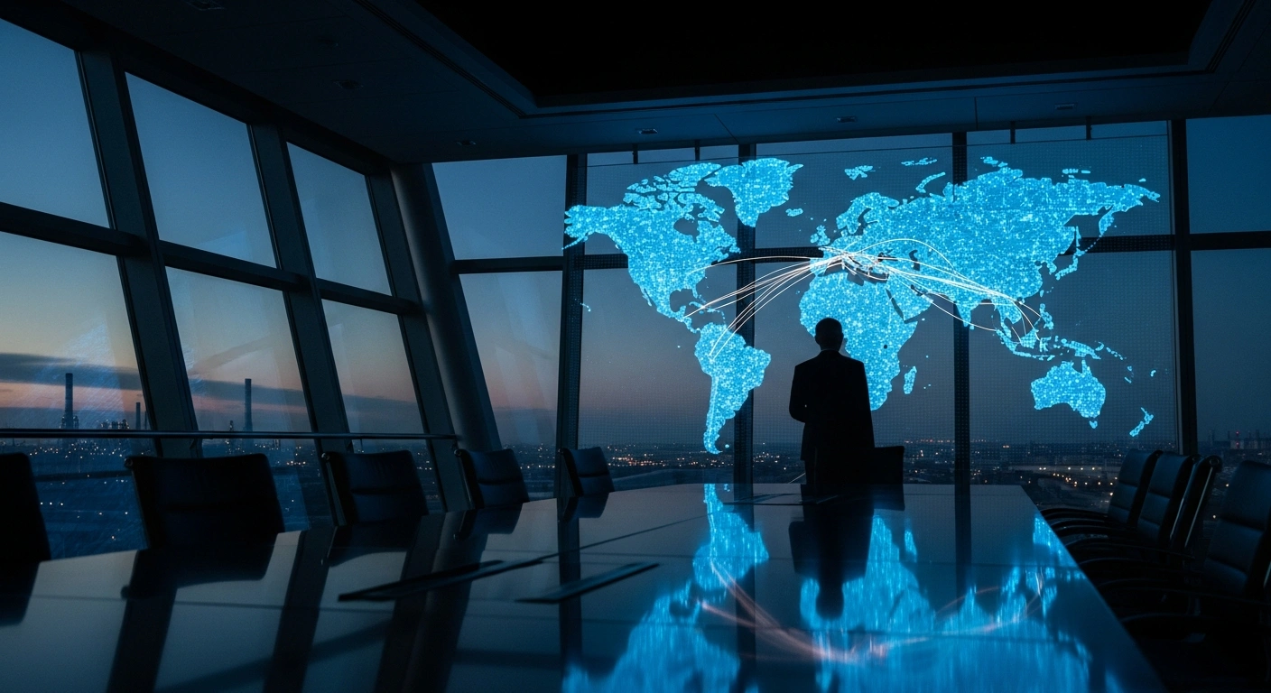 A government official stands in a modern office overlooking an industrial city while responding to international trade reports regarding state subsidies.