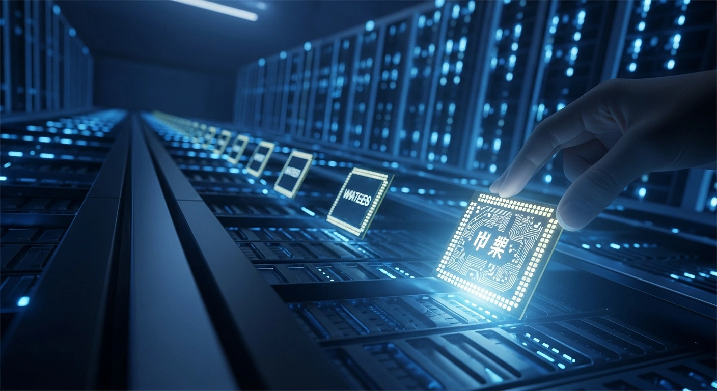 A low-angle shot inside a vast, dimly lit data center shows a glowing, domestically produced AI chip being inserted into a server rack, while the faint outlines of foreign-made chips are visible in the background, symbolizing Beijing's directive for state-funded data centers to use Chinese AI chips and reduce reliance on U.S. technology.