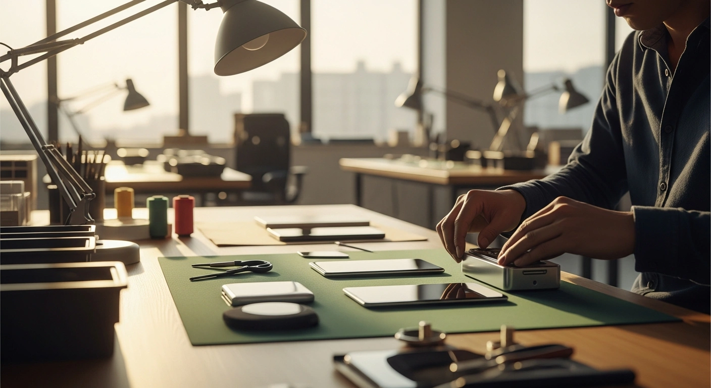 A designer works on high-quality consumer goods in a modern Chinese manufacturing facility to represent the country's shift toward domestic economic growth.