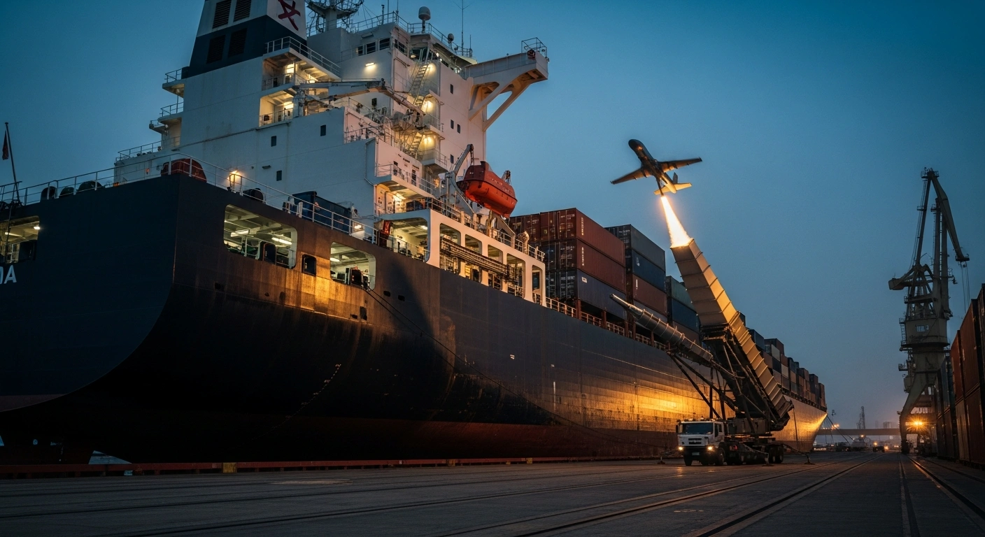 A Chinese civilian container ship, the 'Zhong Da 79', is shown with a mobile, truck-mounted electromagnetic catapult system on its deck, launching an aircraft-type drone, illustrating China's strategic enhancement of its drone warfare capabilities.
