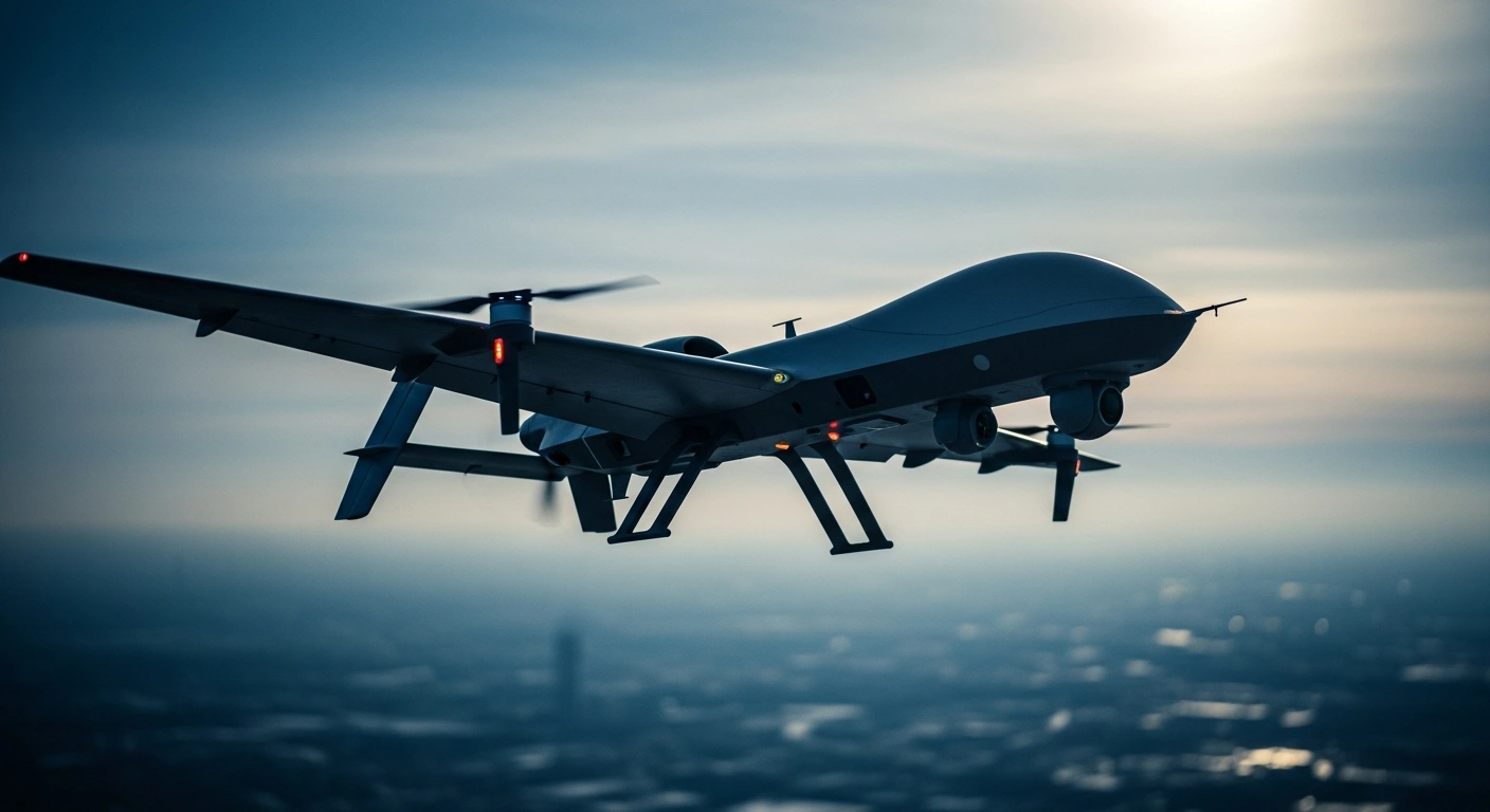 A high-performance drone flies over a city skyline as China implements new export controls and sanctions against American entities.