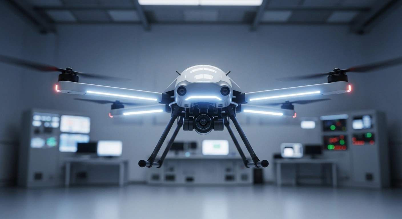 A sleek, modern drone hovers in a sterile, high-tech testing facility, symbolizing China's new civil aviation law regulating unmanned aircraft and mandatory airworthiness certification for enhanced safety and the low-altitude economy.