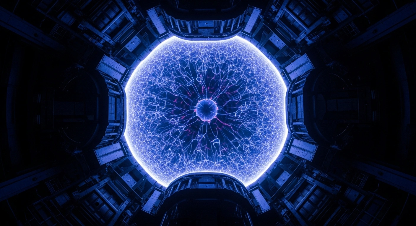 A close-up, low-angle view captures intensely glowing, swirling blue and purple plasma contained within a massive, dark metallic fusion reactor chamber, representing the breakthrough by China's EAST 'artificial sun' in maintaining plasma stability at extreme densities for practical fusion energy.