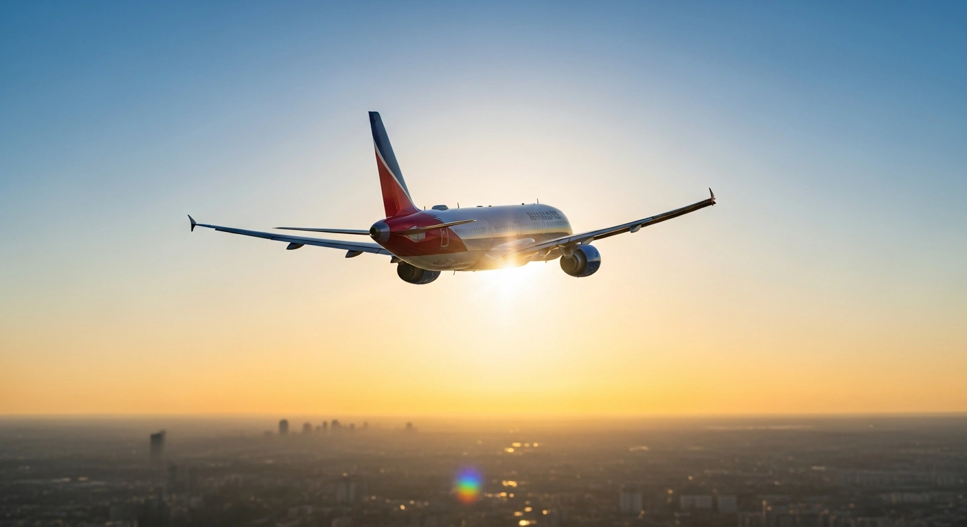A China Eastern Airlines passenger jet, symbolizing the resumed Shanghai-Delhi direct service, soars against a golden hour sky above a sprawling cityscape, representing the strong demand for air connectivity between these major economic hubs.